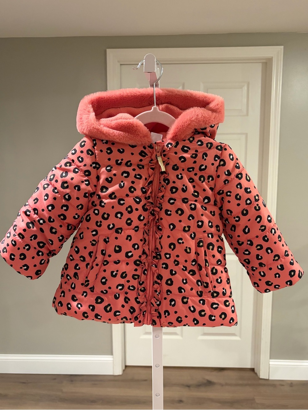 Toddler Girls' Little Me Pink Leopard Print Hooded Puffer Jacket Coat